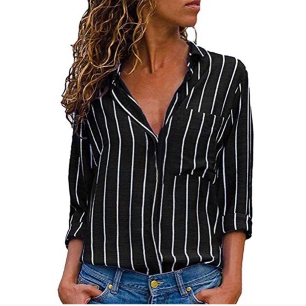 Striped Button Down Blouse - Black - White